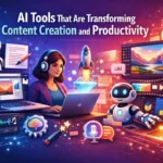 AI tools transforming content creation and productivity, showing creators using AI for writing, image editing, video production, audio, and digital workflows.