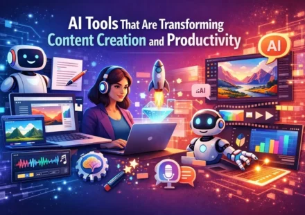 AI tools transforming content creation and productivity, showing creators using AI for writing, image editing, video production, audio, and digital workflows.
