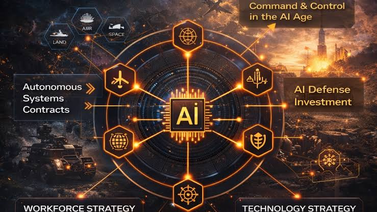 AI command and control in warfare, showing artificial intelligence, autonomous systems, defense investment, workforce strategy, and technology strategy.