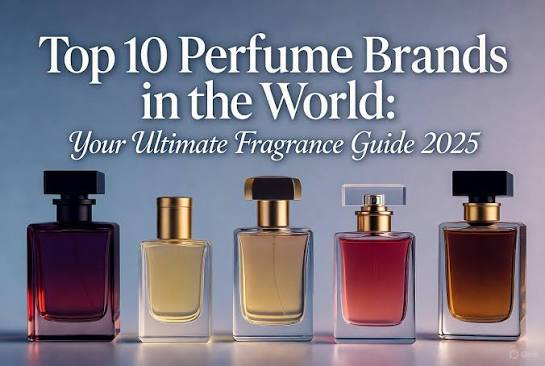 Top 10 perfume brands displayed with five elegant perfume bottles and the text “Your Ultimate Fragrance Guide 2025.”