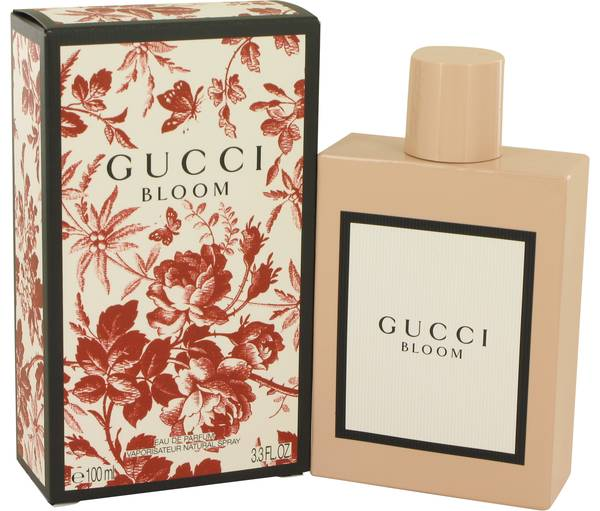 Gucci Bloom Eau de Parfum bottle and floral-patterned packaging displayed side by side.