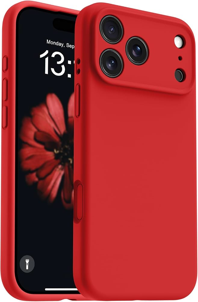 Red silicone smartphone case with a soft matte finish, featuring precise cutouts for triple rear cameras, flash, and side buttons. The case is shown fitted on a modern smartphone, highlighting full-body protection and a slim design.