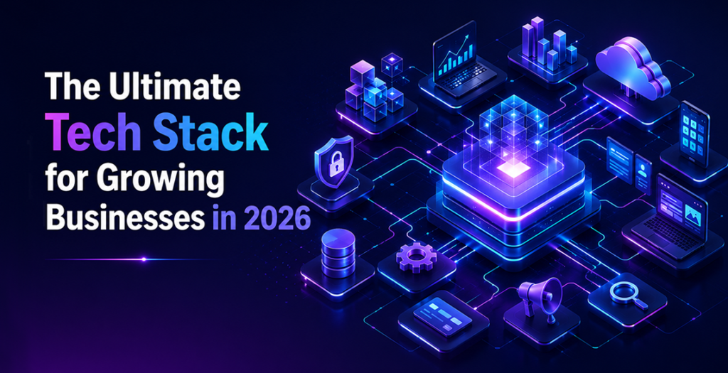 Modern tech stack illustration for growing businesses in 2026, showing cloud computing, databases, cybersecurity, software, analytics, and connected digital systems around a central technology platform.