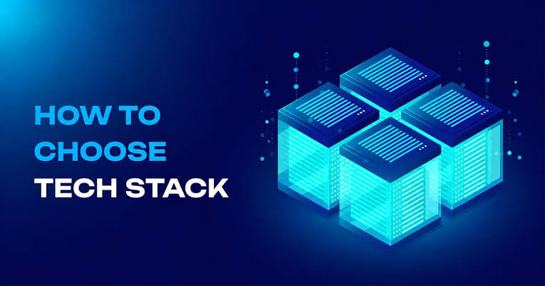 Illustration showing how to choose a tech stack, with glowing blue server blocks representing different technology components.