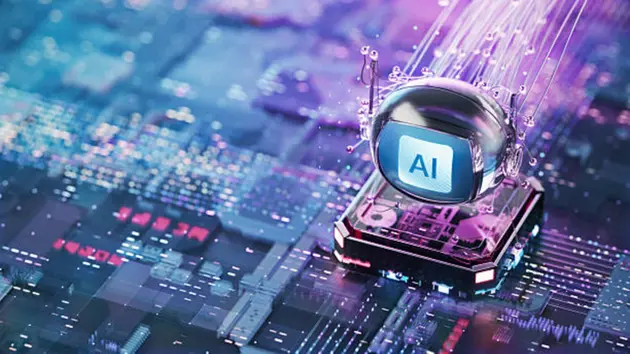 AI robot processing data on a futuristic digital circuit board.
