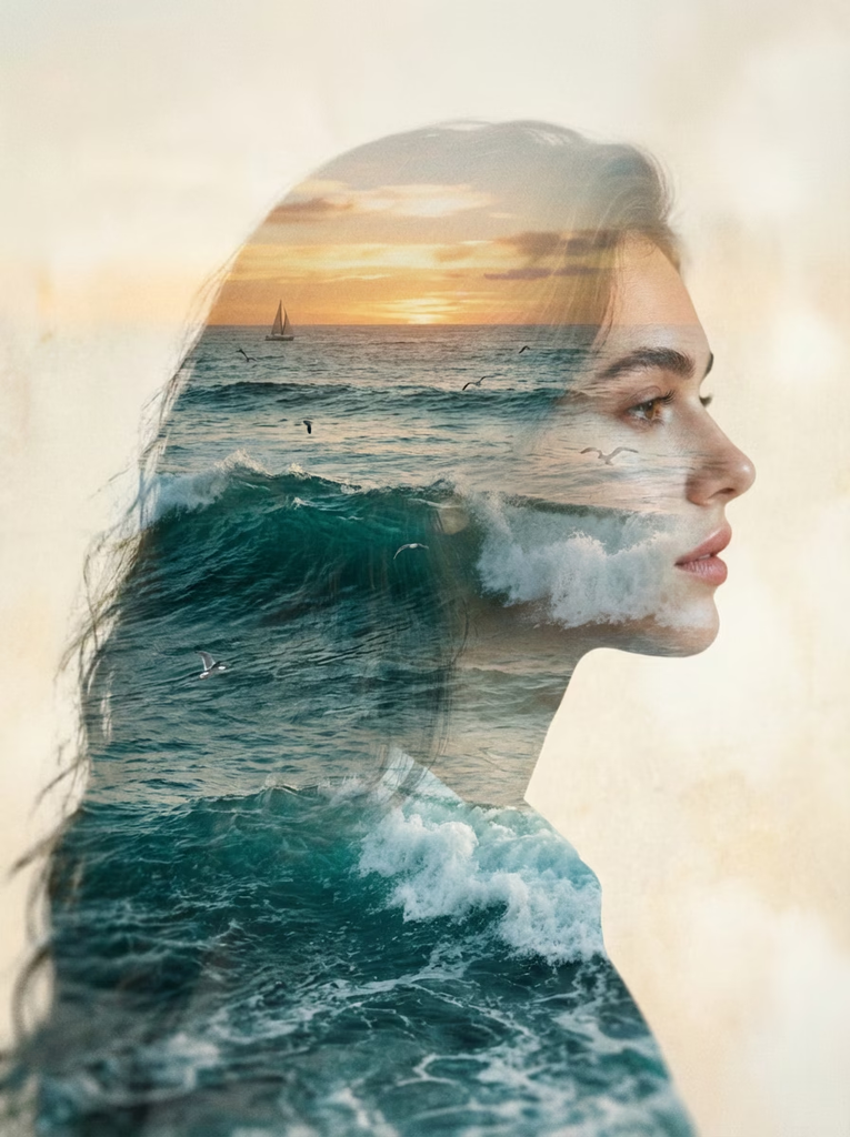 Double exposure portrait of a woman blended with ocean waves, a sailboat, sunset sky, and flying seabirds.