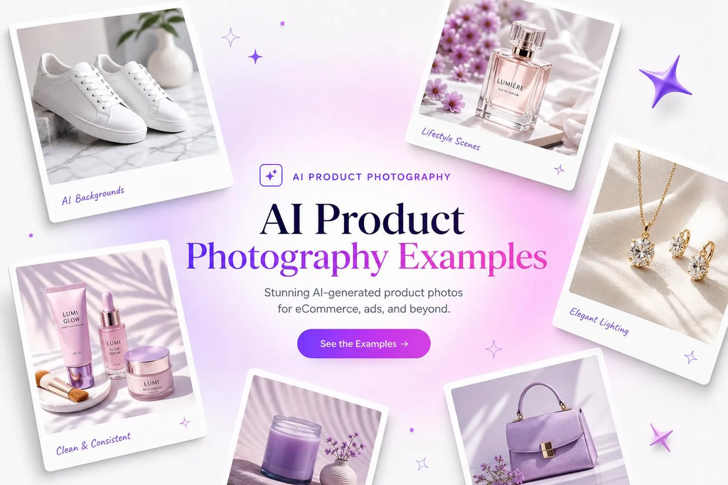 AI product photography examples featuring sneakers, perfume, jewelry, cosmetics, a candle, and handbag displayed in stylish lifestyle scenes.