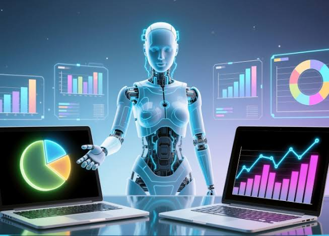 Futuristic AI robot standing between two laptops displaying colorful financial charts, graphs, and data visualizations, representing artificial intelligence and business analytics.