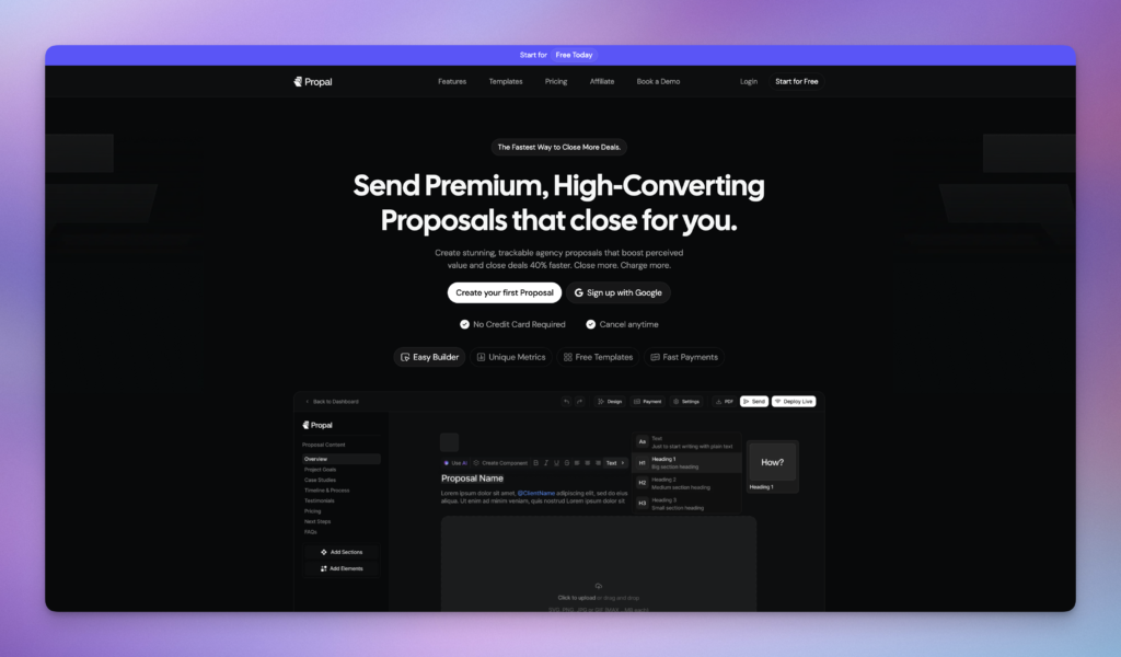 ProPal AI business proposal generator website showing a dark-themed dashboard, proposal builder, templates, pricing, and a headline promoting high-converting proposals.