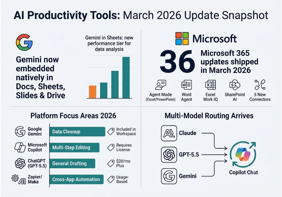 AI productivity tools March 2026 infographic comparing Google Gemini, Microsoft 365 Copilot, ChatGPT, Zapier/Make, and multi-model AI routing.