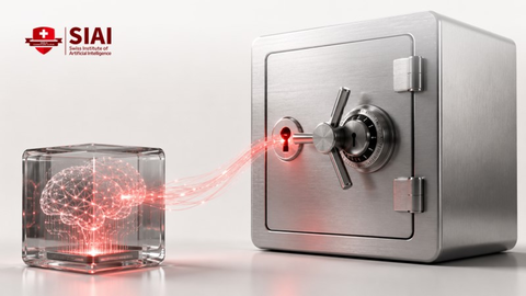 Conceptual image of an AI brain connected to a secure vault, symbolizing the protection and security of artificial intelligence data.