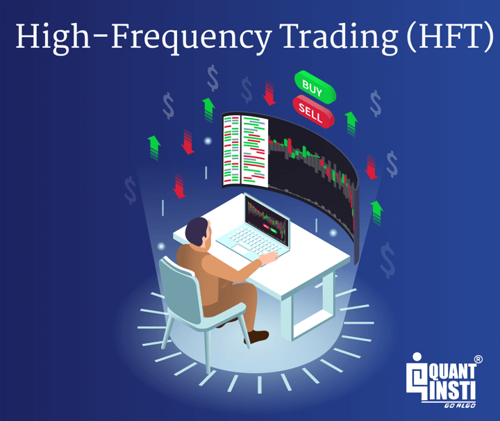 “High-frequency trading (HFT) illustration showing a trader using a computer with buy and sell signals, market charts, and financial data.”
