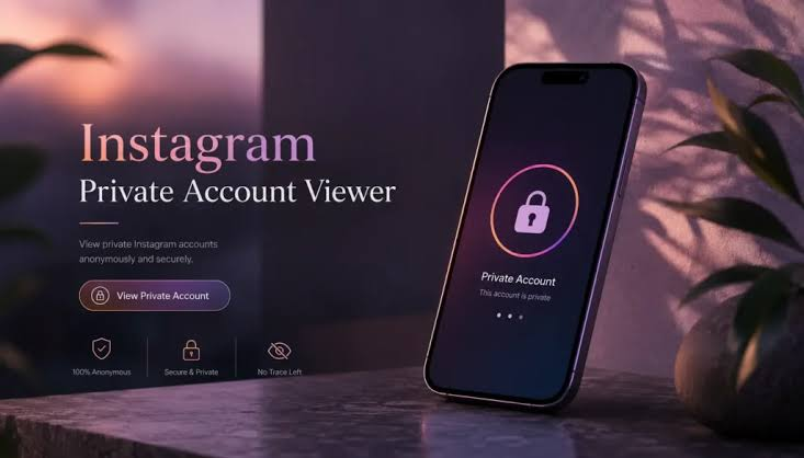 Instagram private account viewer displayed on a smartphone screen with a lock icon and privacy-focused interface.