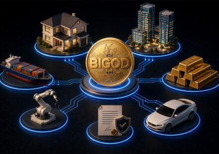 Digital tokenization concept showing a blockchain coin connected to real estate, buildings, gold, a car, shipping, robotics, and legal ownership documents.